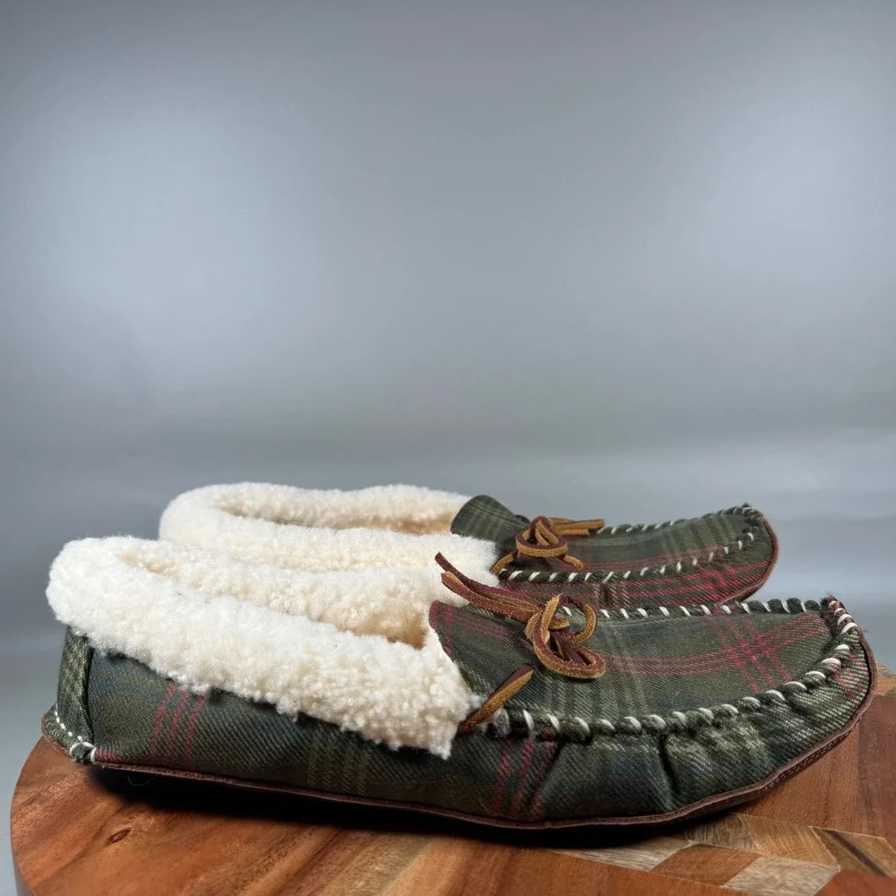 Polo Ralph Lauren Yarmond Green Plaid Shearling Lined Leather Sole Slippers 10